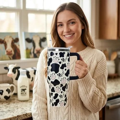 Ceovfoi 40 oz Cow Print Tumbler with Handle & Straw | Insulated Stainless Steel Travel Mug Cup thumbnail 7