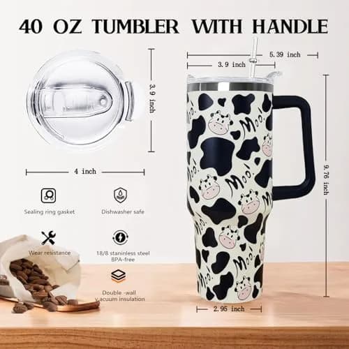 Ceovfoi 40 oz Cow Print Tumbler with Handle & Straw | Insulated Stainless Steel Travel Mug Cup thumbnail 2