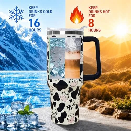 Ceovfoi 40 oz Cow Print Tumbler with Handle & Straw | Insulated Stainless Steel Travel Mug Cup thumbnail 3