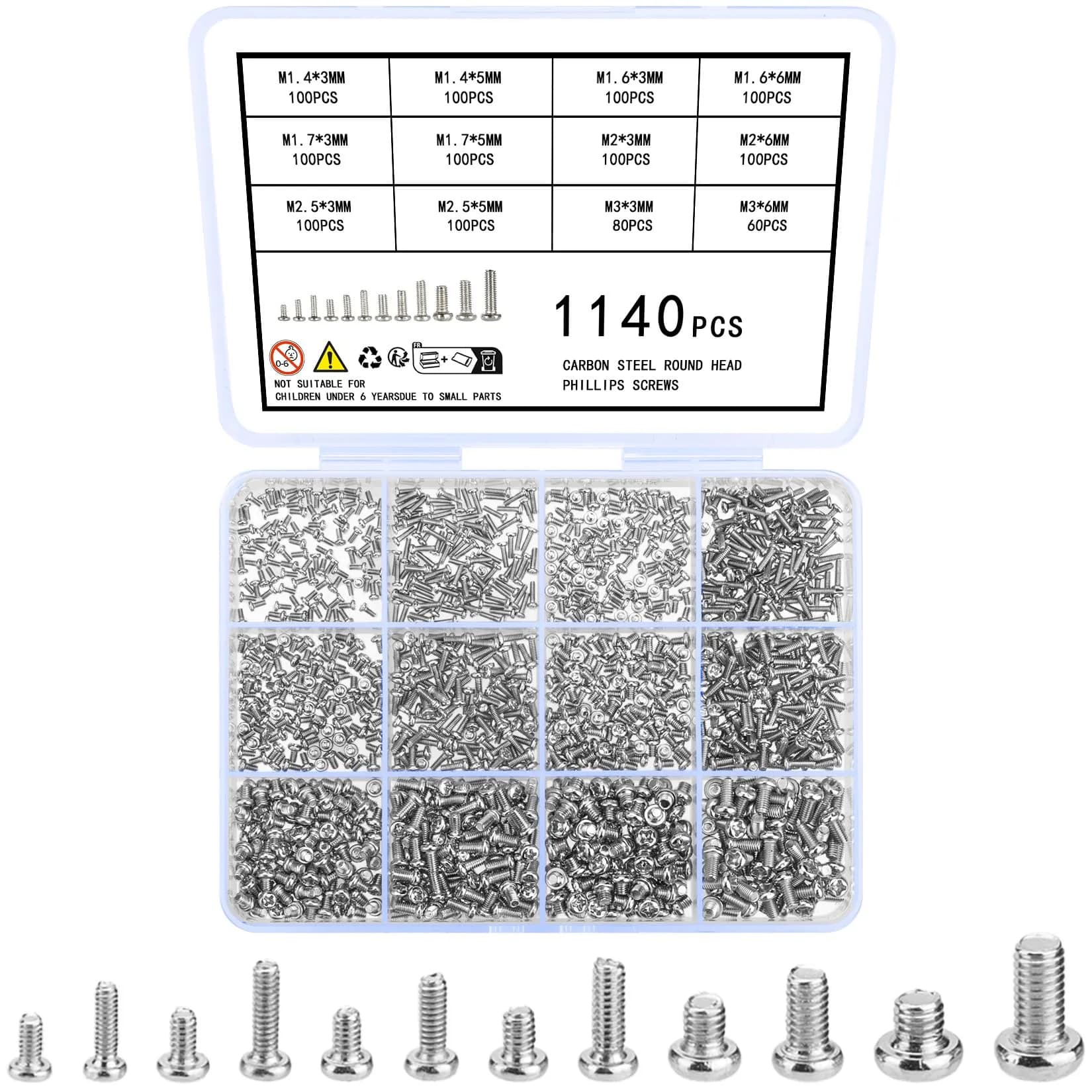 woshilaoDS 1140 Pcs Tiny Screws Assortment Kit M1.4-M3 | Carbon Steel Mini Screws for Electronics & Watches - main product image