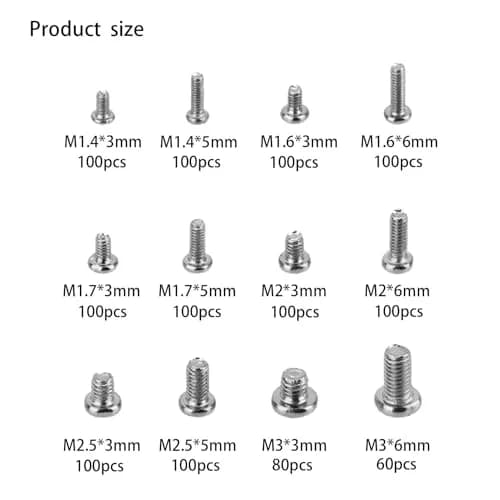 woshilaoDS 1140 Pcs Tiny Screws Assortment Kit M1.4-M3 | Carbon Steel Mini Screws for Electronics & Watches thumbnail 2
