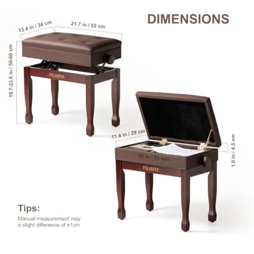 FILISITE Adjustable Height Piano Bench Stool with Music Storage (Brown) | 49cm-59cm Height Range thumbnail 3