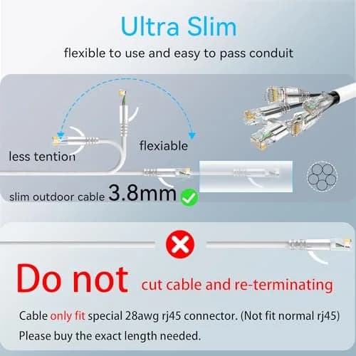 Sokqovt Cat6a Ethernet Cable Slim 25ft Outdoor Waterproof, 28AWG Pure Copper 10G 550MHZ for Indoor & Outdoor Use thumbnail 5