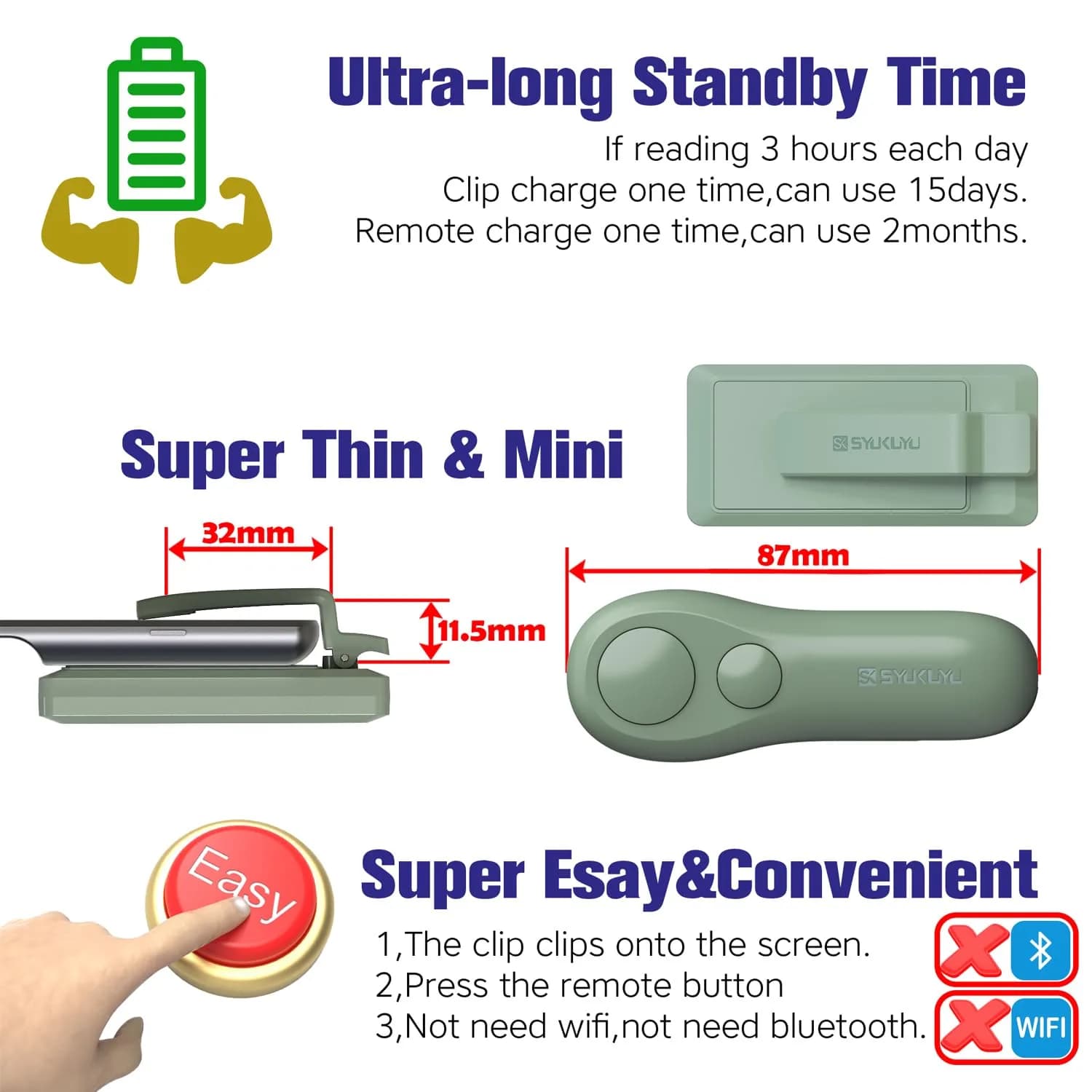 SK SYUKUYU RF Remote Control Page Turner for Kindle, iPad, iPhone, Android Tablets, Surface - Green | Hands-Free Reading & Photography - view 6