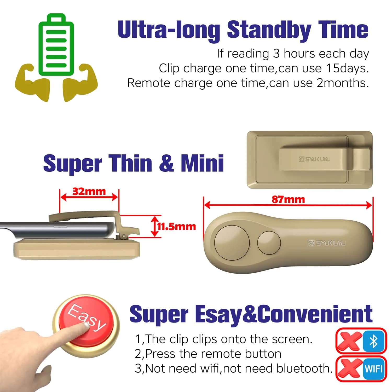 SK SYUKUYU RF Remote Page Turner for Kindle, iPad, Tablets & Phones | Light Brown, 30m Range - view 6