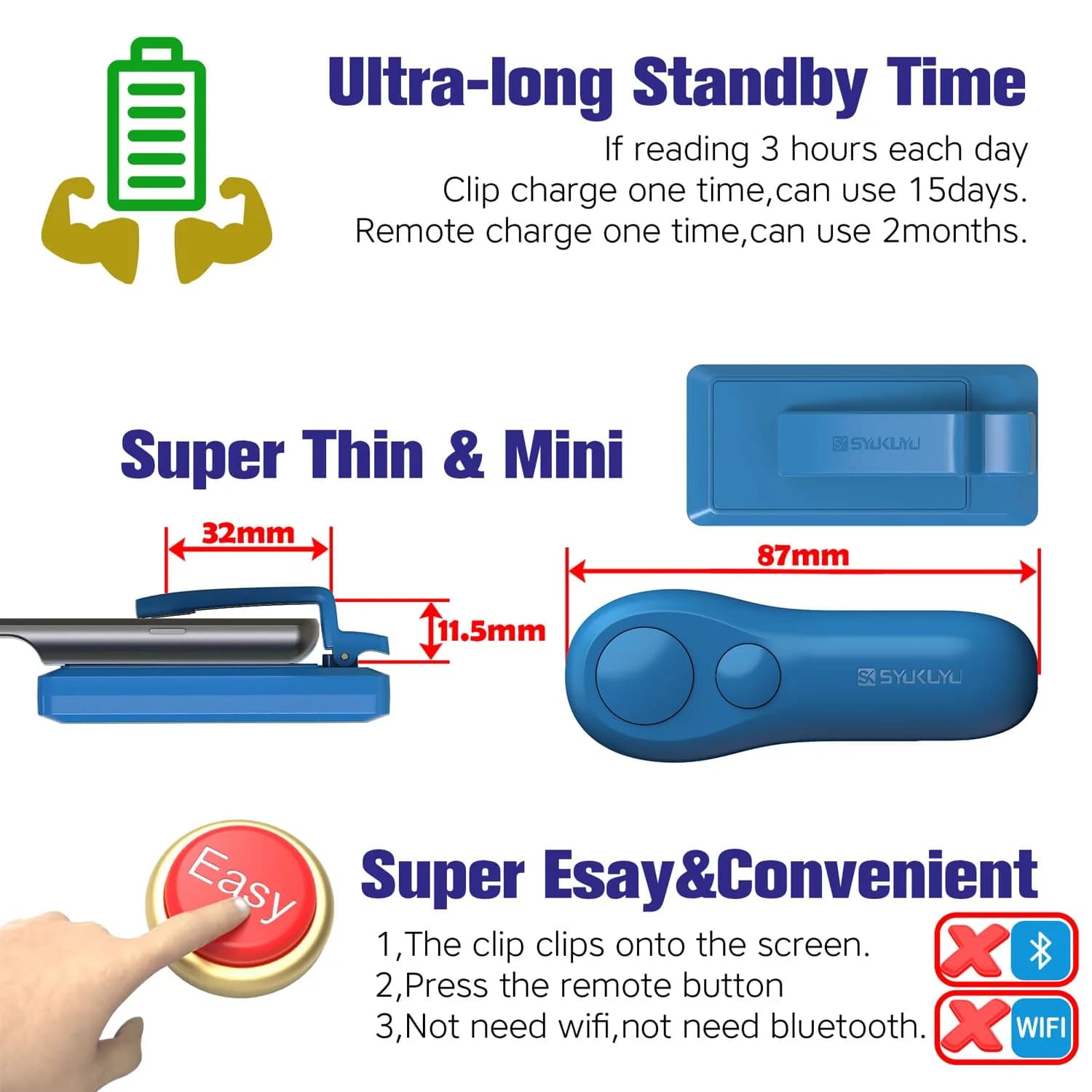 SK SYUKUYU RF Remote Control Page Turner with Mute Button for Kindle, iPad, Android Tablets, iPhone | Blue - view 6
