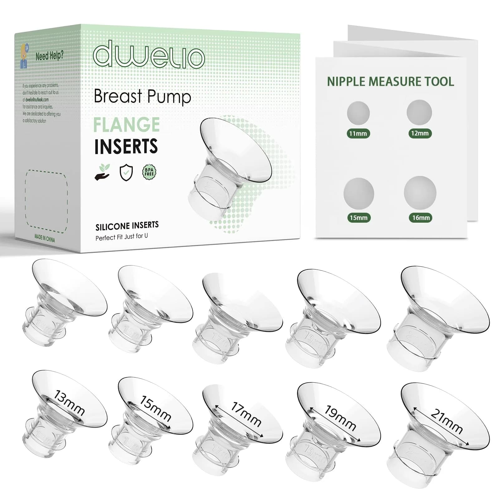 Dwelio Flange Sizing Kit with 10PCS 13/15/17/19/21mm Flange Inserts | Customizable Fit for Breast Pumps - main product image