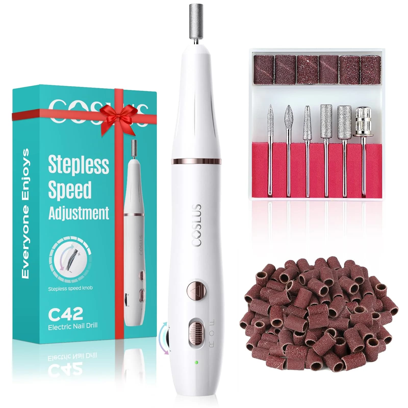 COSLUS C42 Cordless Electric Nail Drill File with Stepless Speed Knob | Professional Portable Manicure Pedicure Rechargeable — White