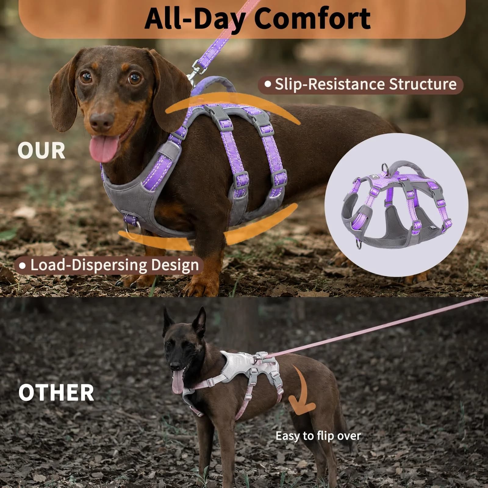 Huntboo Escape Proof Dog Harness with Handle, Lavender Purple, Size S | No-Pull, Breathable, Reflective, Adjustable Lift Harness for Small, Medium, Large Dogs - view 5