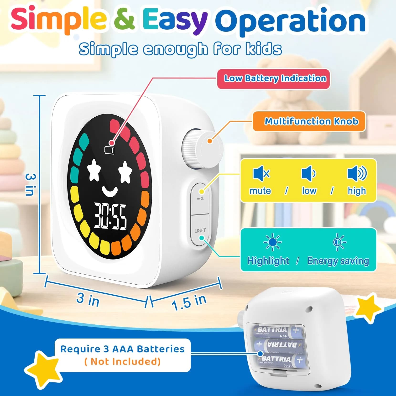 HAUKINIX White Visual Timer for Kids ADHD, 99-min Digital Countdown/Stopwatch Timer, 7.4cm x 7.4cm x 1.8cm (3" x 3" x 0.7") | Time Management Tool for Autism Homeschool Study Teaching - view 2