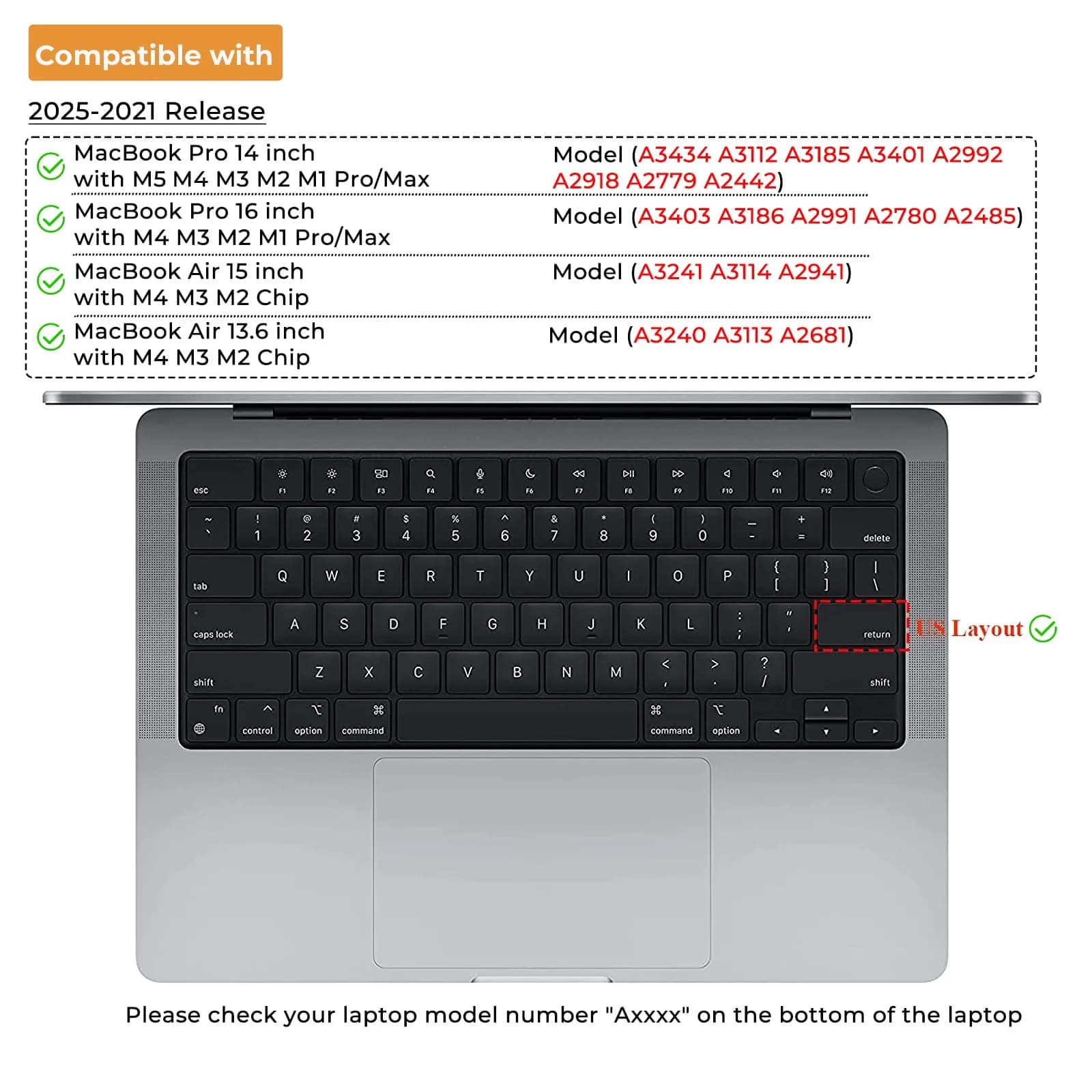 EooCoo Keyboard Cover for MacBook Pro 14/16, Air 13/15, Neo 13 Black Clear | Fits US Layout Models - view 6