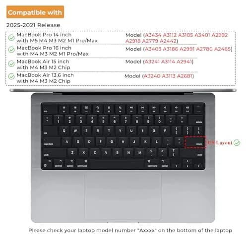 EooCoo Keyboard Cover for MacBook Pro 14/16, Air 13/15, Neo 13 Black Clear | Fits US Layout Models thumbnail 6