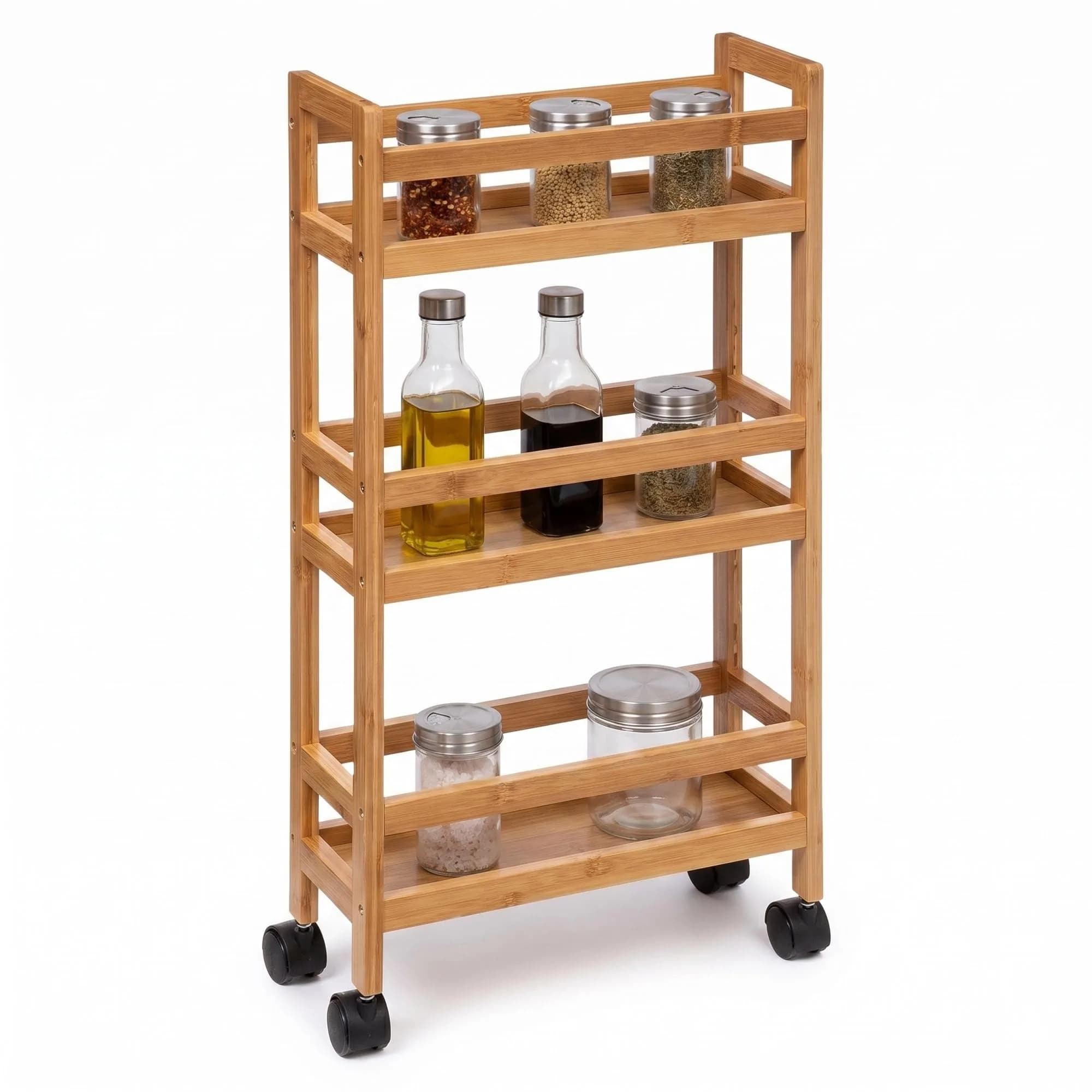 WELL HOME MOBILIARIO & DECORACIÓN Auxiliary Trolley with 3 Levels Wheels, Bamboo Kitchen Cart, Space Saving, 74.5cm - main product image