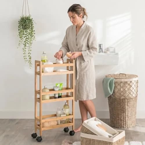WELL HOME MOBILIARIO & DECORACIÓN Auxiliary Trolley with 3 Levels Wheels, Bamboo Kitchen Cart, Space Saving, 74.5cm thumbnail 4