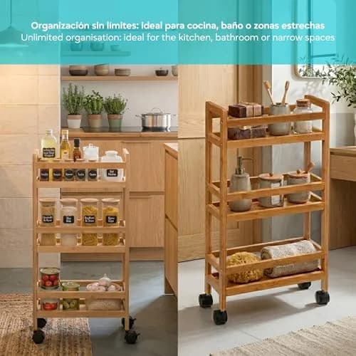 WELL HOME MOBILIARIO & DECORACIÓN Auxiliary Trolley with 3 Levels Wheels, Bamboo Kitchen Cart, Space Saving, 74.5cm thumbnail 5