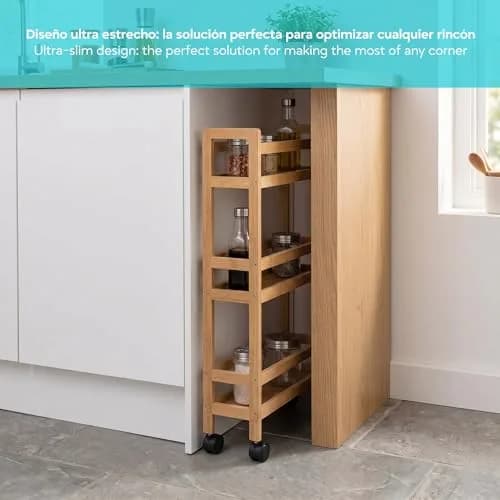 WELL HOME MOBILIARIO & DECORACIÓN Auxiliary Trolley with 3 Levels Wheels, Bamboo Kitchen Cart, Space Saving, 74.5cm thumbnail 6