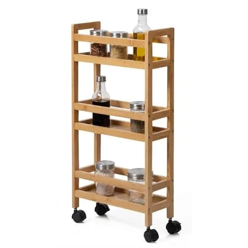 WELL HOME MOBILIARIO & DECORACIÓN Auxiliary Trolley with 3 Levels Wheels, Bamboo Kitchen Cart, Space Saving, 74.5cm thumbnail 7
