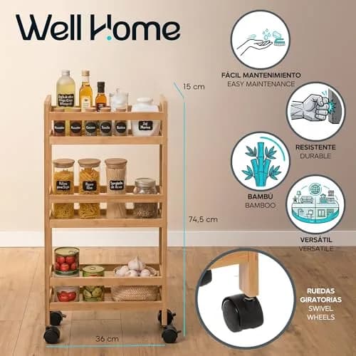 WELL HOME MOBILIARIO & DECORACIÓN Auxiliary Trolley with 3 Levels Wheels, Bamboo Kitchen Cart, Space Saving, 74.5cm thumbnail 2