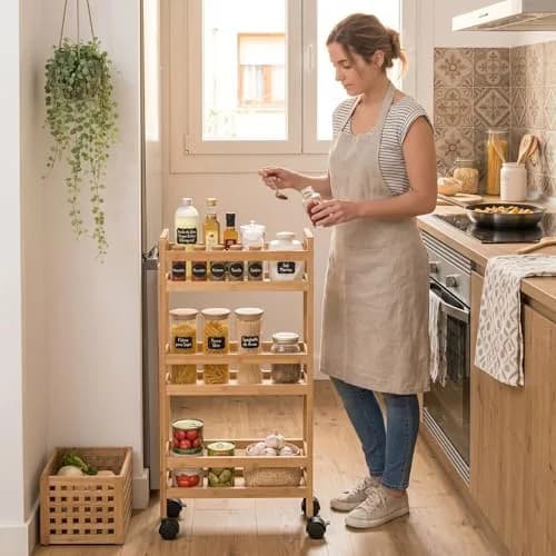 WELL HOME MOBILIARIO & DECORACIÓN Auxiliary Trolley with 3 Levels Wheels, Bamboo Kitchen Cart, Space Saving, 74.5cm thumbnail 3
