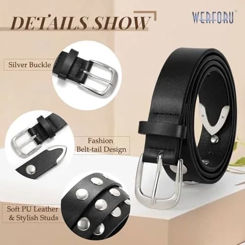 WERFORU Women's Studded Leather Belt with Gold Buckle for Jeans & Dresses, 31"-35" Waist Adjustable | Punk Fashion Accessory thumbnail 5
