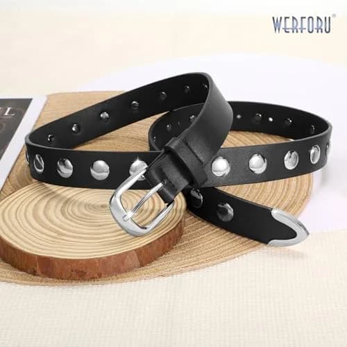 WERFORU Women's Studded Leather Belt with Gold Buckle for Jeans & Dresses, 31"-35" Waist Adjustable | Punk Fashion Accessory thumbnail 4