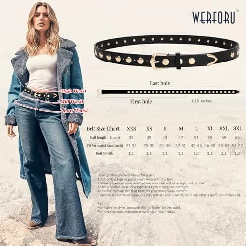 WERFORU Women's Studded Leather Belt with Gold Buckle, 25"-30" Waist Adjustable | Punk Fashion Style thumbnail 6