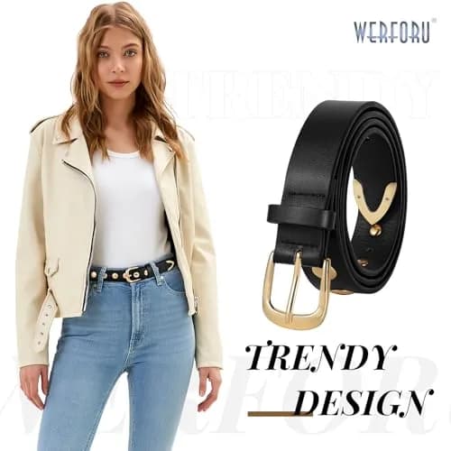WERFORU Women's Studded Leather Belt with Gold Buckle, 42"-45" Waist Adjustable | Punk Fashion Style thumbnail 2