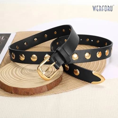 WERFORU Women's Studded Leather Belt with Gold Buckle, 42"-45" Waist Adjustable | Punk Fashion Style thumbnail 4