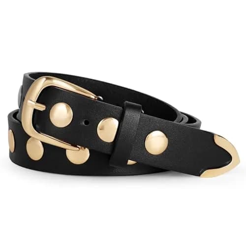 WERFORU Women's Studded Leather Belt with Gold Buckle, Adjustable 25"-30" Waist | Punk Vintage Fashion thumbnail 1
