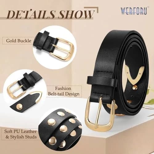WERFORU Women's Studded Leather Belt with Gold Buckle, Adjustable 25"-30" Waist | Punk Vintage Fashion thumbnail 5