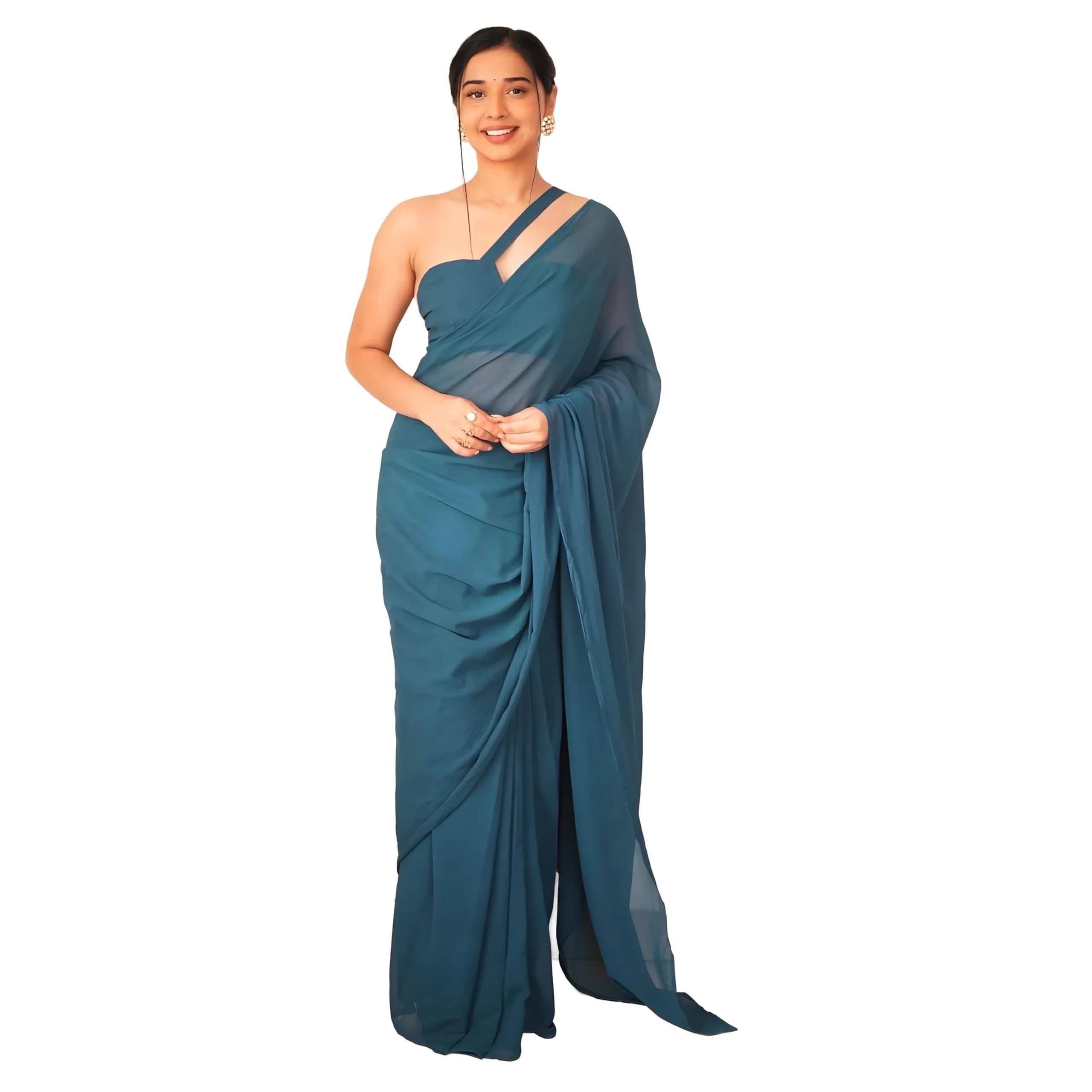 StyleScope Kalki Rama Ready Pleated Saree with Unstitched Blouse Piece | Georgette, One Size