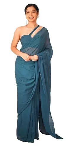 StyleScope Kalki Rama Ready Pleated Saree with Unstitched Blouse Piece | Georgette, One Size thumbnail 1