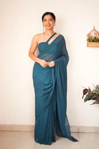 StyleScope Kalki Rama Ready Pleated Saree with Unstitched Blouse Piece | Georgette, One Size thumbnail 6