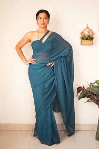 StyleScope Kalki Rama Ready Pleated Saree with Unstitched Blouse Piece | Georgette, One Size thumbnail 2