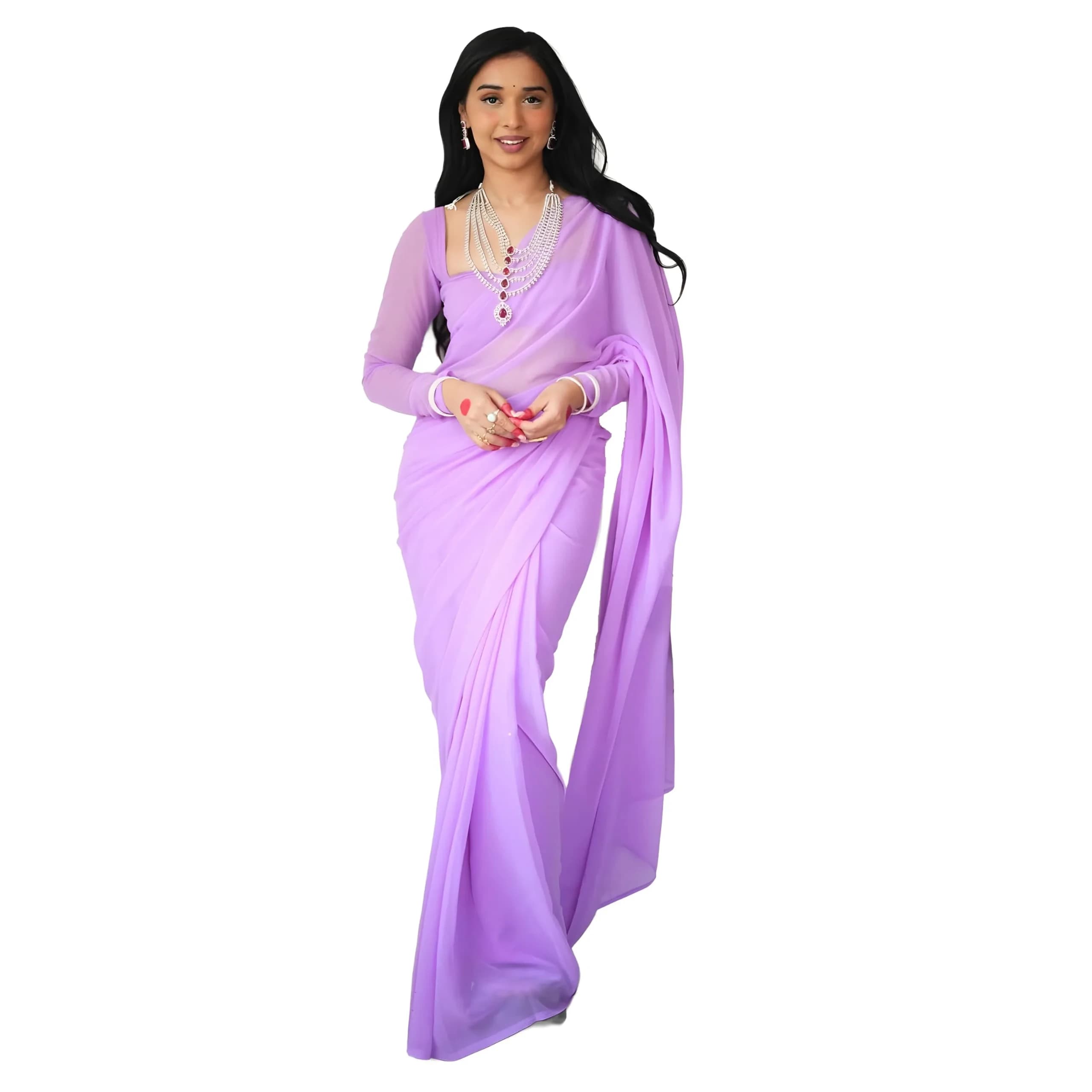 StyleScope Women's Kalki Ready Pleated Saree with Unstitched Blouse Piece, 156 cm (5.5 Meter) | Light Purple Georgette