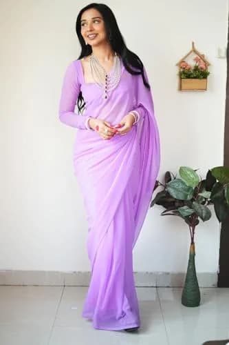 StyleScope Women's Kalki Ready Pleated Saree with Unstitched Blouse Piece, 156 cm (5.5 Meter) | Light Purple Georgette thumbnail 4