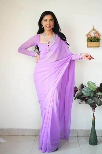 StyleScope Women's Kalki Ready Pleated Saree with Unstitched Blouse Piece, 156 cm (5.5 Meter) | Light Purple Georgette thumbnail 5