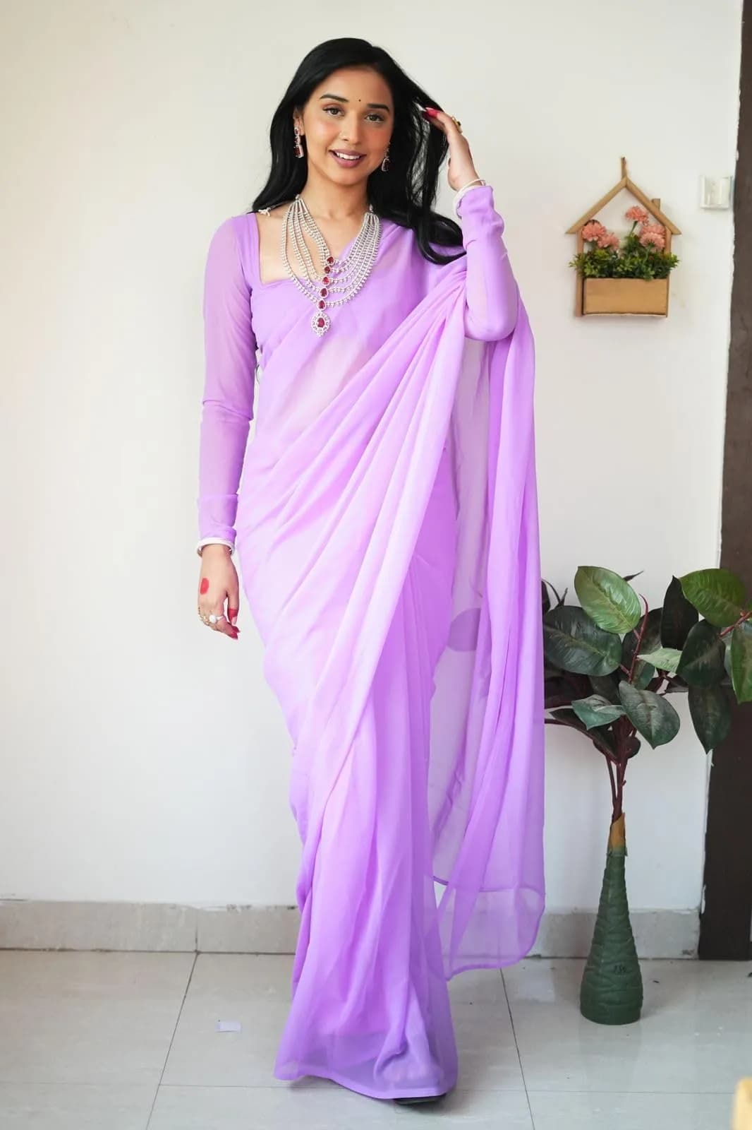 StyleScope Women's Kalki Ready Pleated Saree with Unstitched Blouse Piece, 156 cm (5.5 Meter) | Light Purple Georgette - view 6