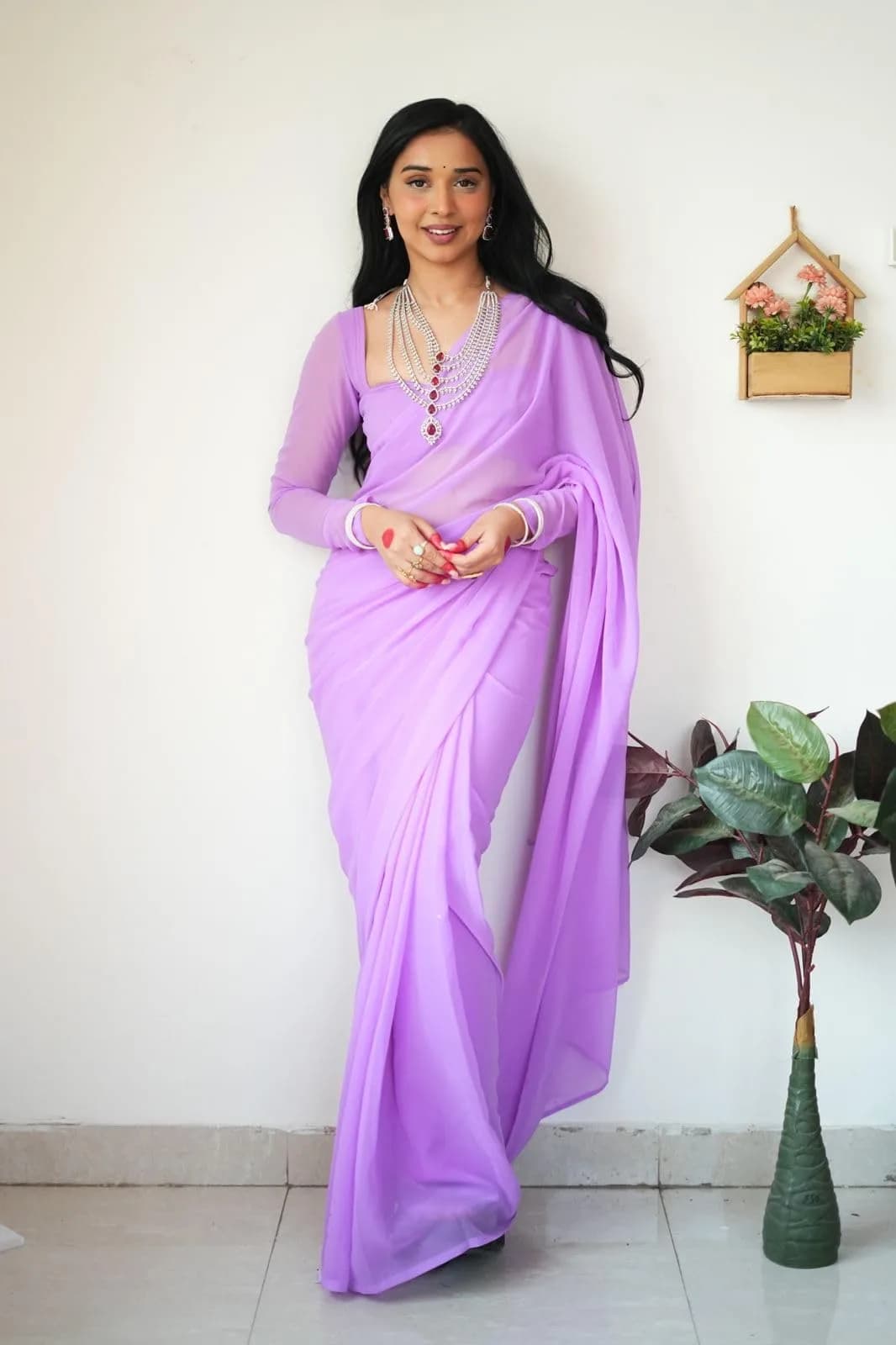 StyleScope Women's Kalki Ready Pleated Saree with Unstitched Blouse Piece, 156 cm (5.5 Meter) | Light Purple Georgette - view 7