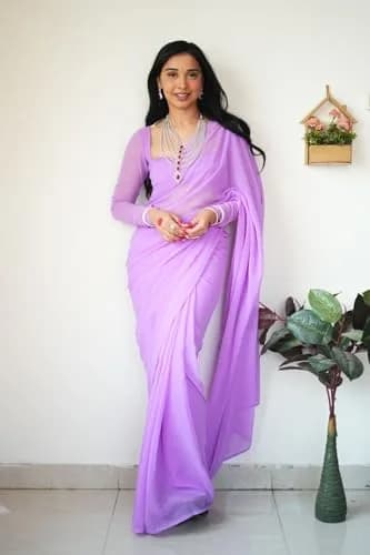 StyleScope Women's Kalki Ready Pleated Saree with Unstitched Blouse Piece, 156 cm (5.5 Meter) | Light Purple Georgette thumbnail 7