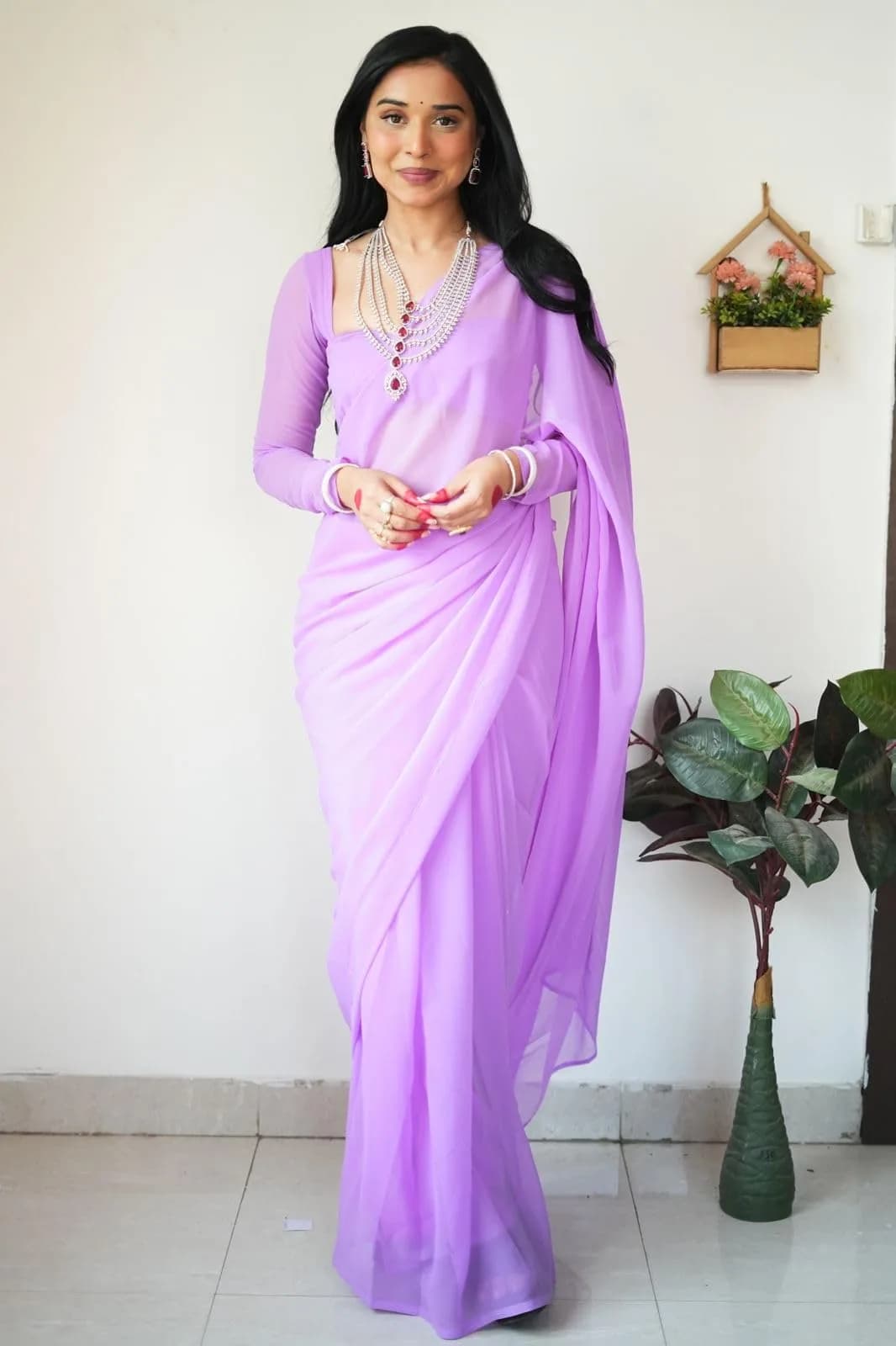 StyleScope Women's Kalki Ready Pleated Saree with Unstitched Blouse Piece, 156 cm (5.5 Meter) | Light Purple Georgette - view 8
