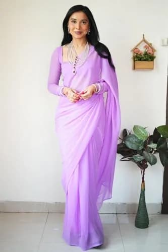 StyleScope Women's Kalki Ready Pleated Saree with Unstitched Blouse Piece, 156 cm (5.5 Meter) | Light Purple Georgette thumbnail 8