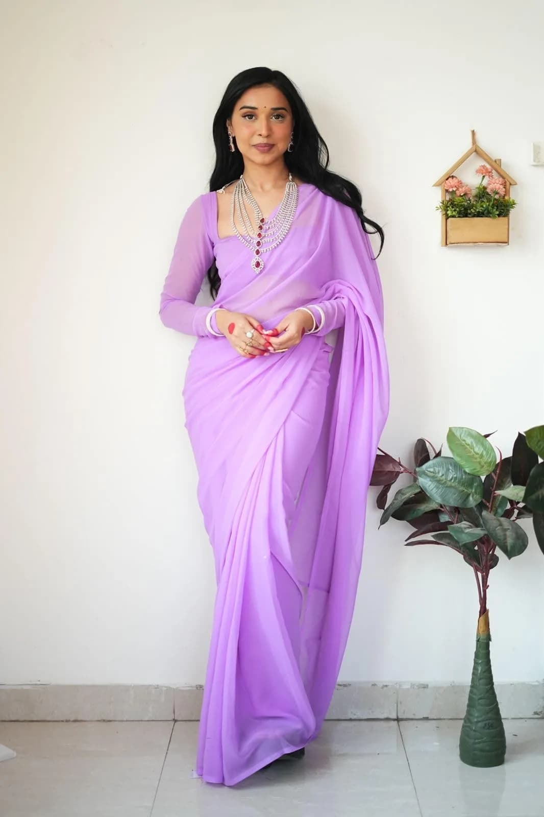 StyleScope Women's Kalki Ready Pleated Saree with Unstitched Blouse Piece, 156 cm (5.5 Meter) | Light Purple Georgette - view 9