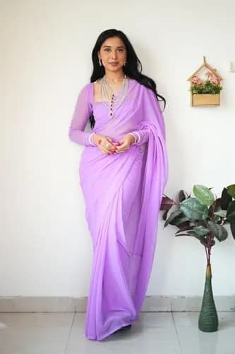 StyleScope Women's Kalki Ready Pleated Saree with Unstitched Blouse Piece, 156 cm (5.5 Meter) | Light Purple Georgette thumbnail 9
