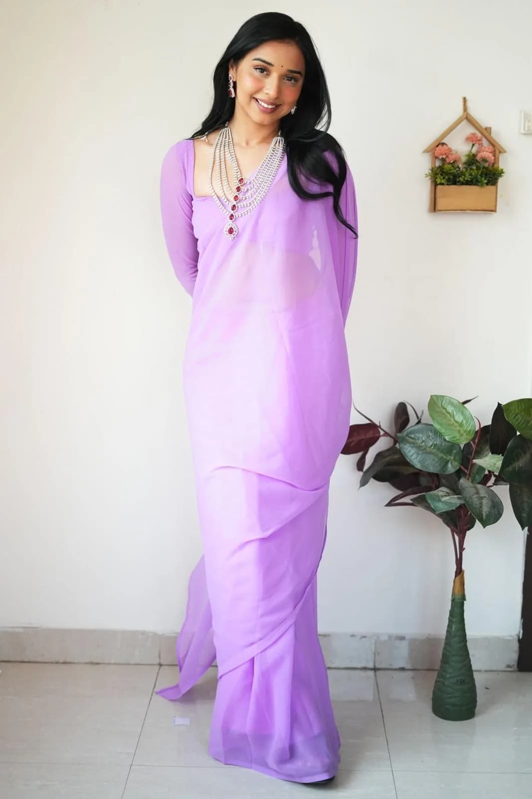 StyleScope Women's Kalki Ready Pleated Saree with Unstitched Blouse Piece, 156 cm (5.5 Meter) | Light Purple Georgette - view 2