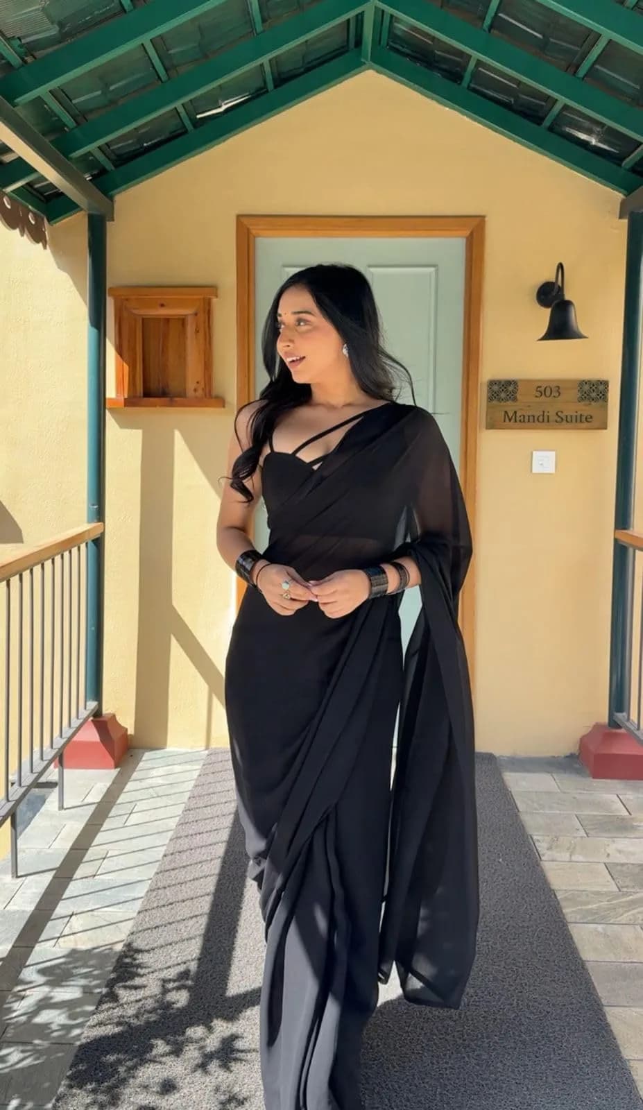 StyleScope Ready-to-Wear Saree with Unstitched Blouse Piece - Black Georgette, 156cm (5.5m) Saree | Instant Drape Saree - view 4