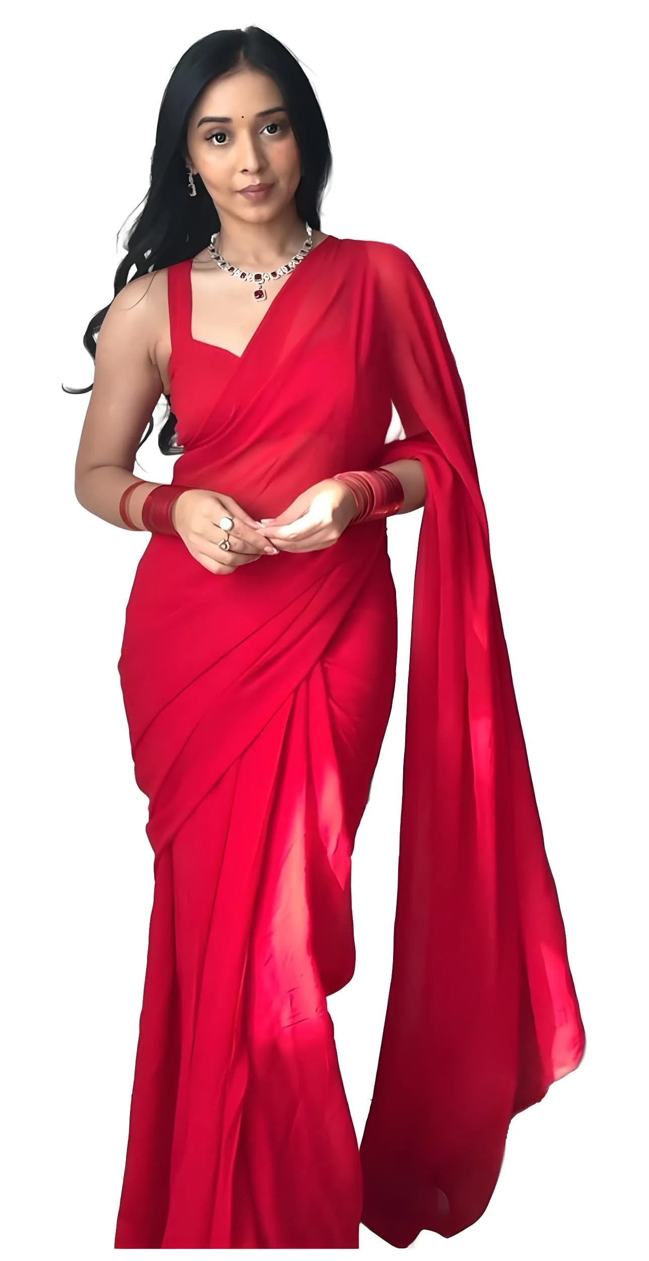 StyleScope Women's Ready-to-Wear Georgette Saree with Unstitched Blouse Piece, Pure Red, 5.5m (18 ft) | Festival & Party Wear — Pure Red