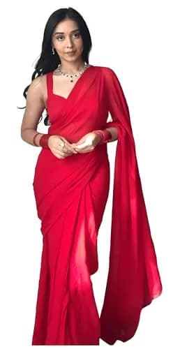 StyleScope Women's Ready-to-Wear Georgette Saree with Unstitched Blouse Piece, Pure Red, 5.5m (18 ft) | Festival & Party Wear thumbnail 1