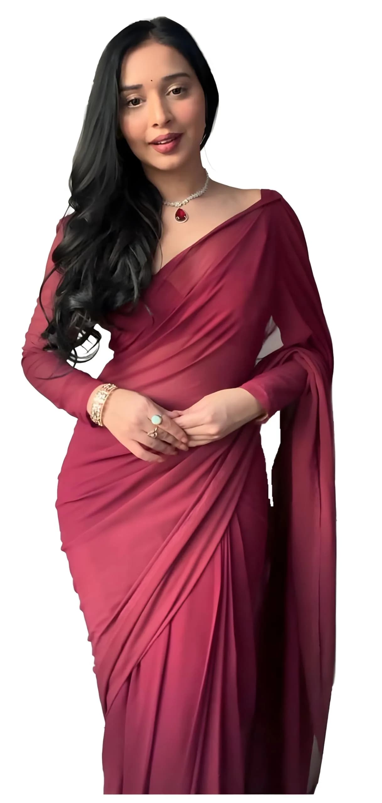 StyleScope Women's Kalki Maroon Georgette Ready Pleated Saree with Unstitched Blouse Piece | 163cm (5.34ft) Length - main product image