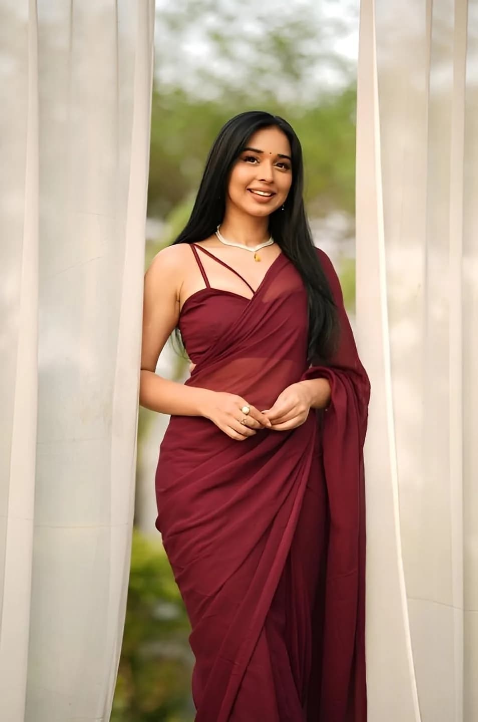 StyleScope Women's Kalki Maroon Georgette Ready Pleated Saree with Unstitched Blouse Piece | 163cm (5.34ft) Length - view 5